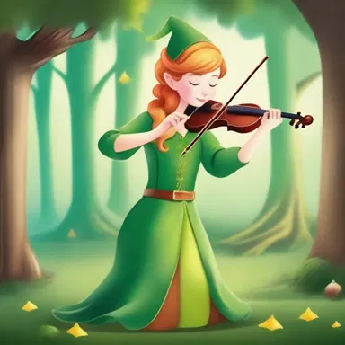 As the elf violinist played, her spiccato bowing created a magical melody, filling the enchanted forest.