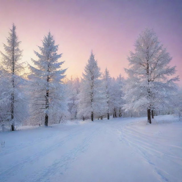 A mesmerizing winter landscape blanketed in fresh, untouched snow with frosted trees sparkling in the soft glow of twilight.