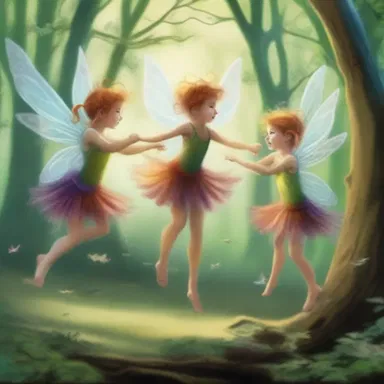 The artist depicted a group of imp-like fairies dancing and playing tricks in their magical forest.