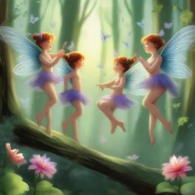 The artist depicted a group of imp-like fairies dancing and playing tricks in their magical forest.