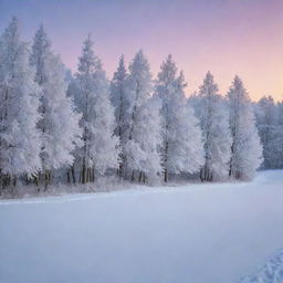 A mesmerizing winter landscape blanketed in fresh, untouched snow with frosted trees sparkling in the soft glow of twilight.