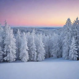 A mesmerizing winter landscape blanketed in fresh, untouched snow with frosted trees sparkling in the soft glow of twilight.