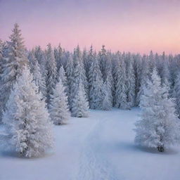 A mesmerizing winter landscape blanketed in fresh, untouched snow with frosted trees sparkling in the soft glow of twilight.