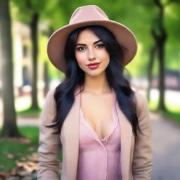 A very high-resolution realistic photo capturing a beautiful and sexy 25-year-old Italian woman in a city park