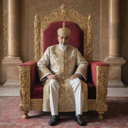 A dignified Muslim king, adorned in royal attire, seated on an intricately designed throne, placed in a grand, historical palace.