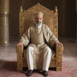 A dignified Muslim king, adorned in royal attire, seated on an intricately designed throne, placed in a grand, historical palace.