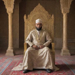 A dignified Muslim king, adorned in royal attire, seated on an intricately designed throne, placed in a grand, historical palace.