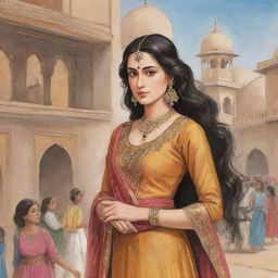 An illustrated scene from a story about the daughter of a tawaif (courtesan), showcasing her strength, resilience, and journey towards empowerment, set against the backdrop of a historical time period.