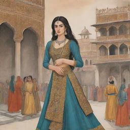 An illustrated scene from a story about the daughter of a tawaif (courtesan), showcasing her strength, resilience, and journey towards empowerment, set against the backdrop of a historical time period.