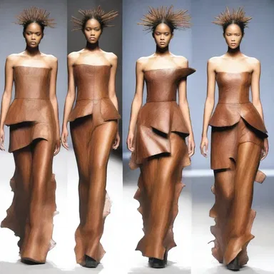 The designer showcased a stunning ensemble made entirely from the bark of the timber tree at the fashion show.