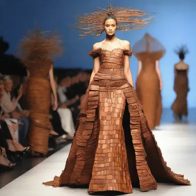 The designer showcased a stunning ensemble made entirely from the bark of the timber tree at the fashion show.