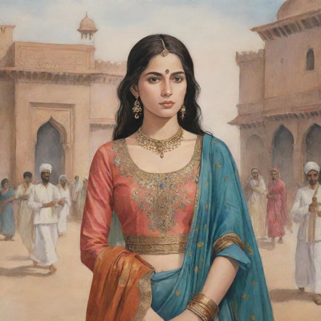 An illustrated scene from a story about the daughter of a tawaif (courtesan), showcasing her strength, resilience, and journey towards empowerment, set against the backdrop of a historical time period.