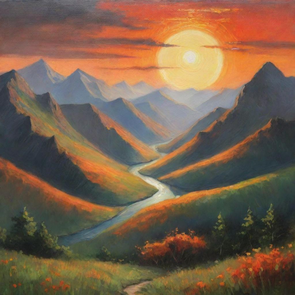 An atmospheric scene where the glowing sun is touching the verdant earth and painting the sky with hues of orange, setting behind graceful mountains.