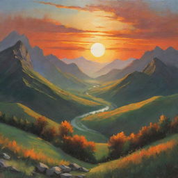 An atmospheric scene where the glowing sun is touching the verdant earth and painting the sky with hues of orange, setting behind graceful mountains.