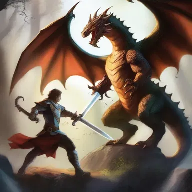 In the rabid fantasy world of dragons and magic, a knight fights off a rabid creature with his enchanted sword.