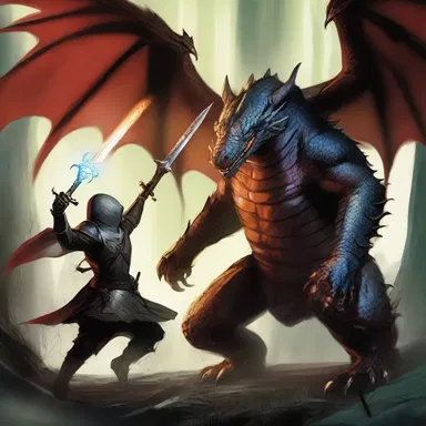 In the rabid fantasy world of dragons and magic, a knight fights off a rabid creature with his enchanted sword.