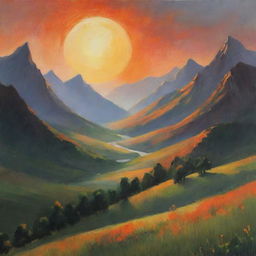 An atmospheric scene where the glowing sun is touching the verdant earth and painting the sky with hues of orange, setting behind graceful mountains.