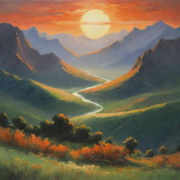 An atmospheric scene where the glowing sun is touching the verdant earth and painting the sky with hues of orange, setting behind graceful mountains.