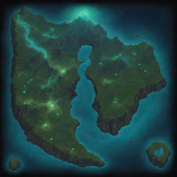 Generate a map of a fanciful land called Aethel featuring emerald grasslands, glowing bioluminescent plants, sparkling crystal forests, dark obsidian valleys, haunting shadow islands, and standing stones marking star charts with whale passage through heavenly cascades.