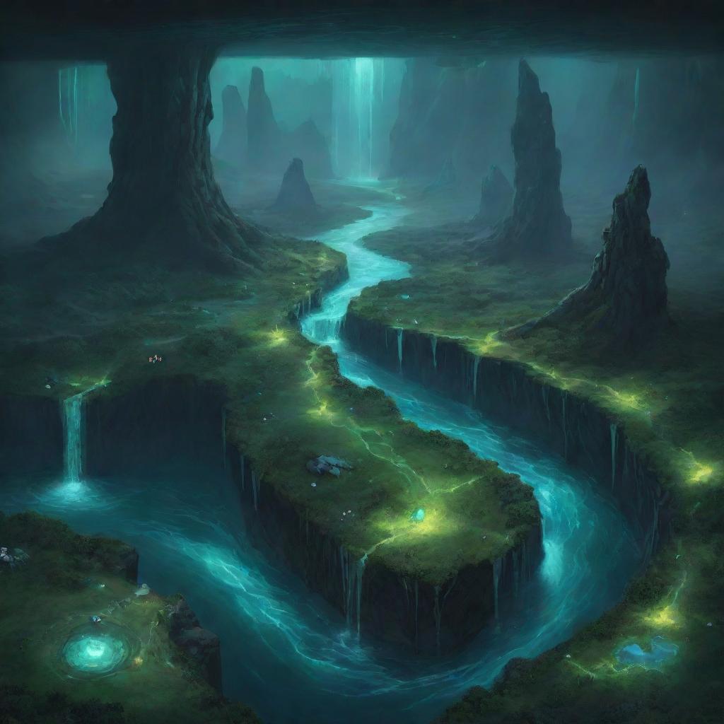 Generate a map of a fanciful land called Aethel featuring emerald grasslands, glowing bioluminescent plants, sparkling crystal forests, dark obsidian valleys, haunting shadow islands, and standing stones marking star charts with whale passage through heavenly cascades.