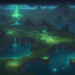 Generate a map of a fanciful land called Aethel featuring emerald grasslands, glowing bioluminescent plants, sparkling crystal forests, dark obsidian valleys, haunting shadow islands, and standing stones marking star charts with whale passage through heavenly cascades.