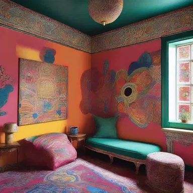 The artist used vibrant colors and intricate patterns on the walls to create a spree of artistic expression in the room.