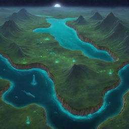 Generate a map of a fanciful land called Aethel featuring emerald grasslands, glowing bioluminescent plants, sparkling crystal forests, dark obsidian valleys, haunting shadow islands, and standing stones marking star charts with whale passage through heavenly cascades.