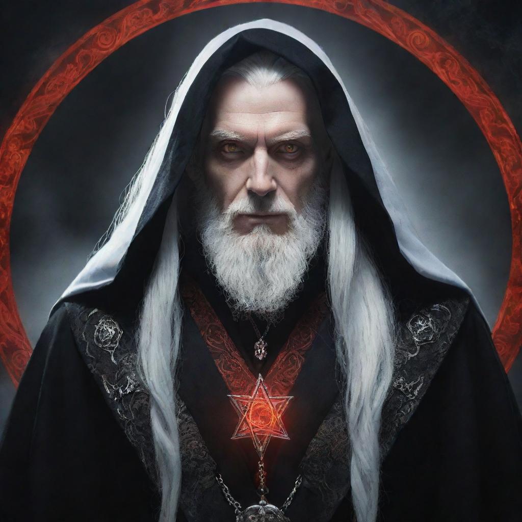 A mysterious man with snowy white hair and piercing red eyes, cloaked in a grand wizard outfit, detailed with arcane symbols