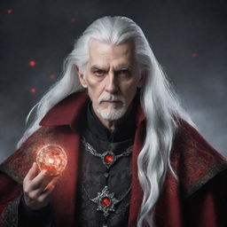 A mysterious man with snowy white hair and piercing red eyes, cloaked in a grand wizard outfit, detailed with arcane symbols