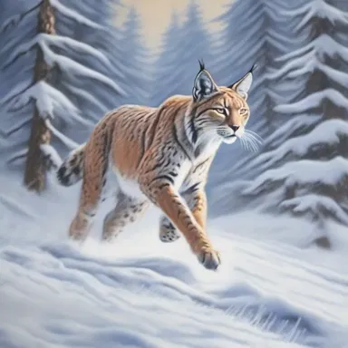 The painting showcased a beautiful scene of a lynx gracefully leaping through a snowy forest.