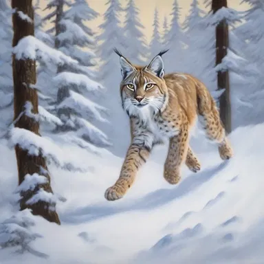 The painting showcased a beautiful scene of a lynx gracefully leaping through a snowy forest.