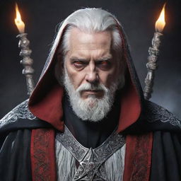 A mysterious man with snowy white hair and piercing red eyes, cloaked in a grand wizard outfit, detailed with arcane symbols