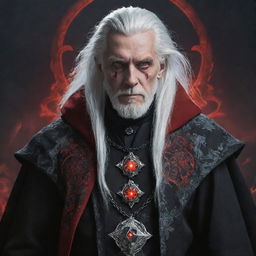 A mysterious man with snowy white hair and piercing red eyes, cloaked in a grand wizard outfit, detailed with arcane symbols