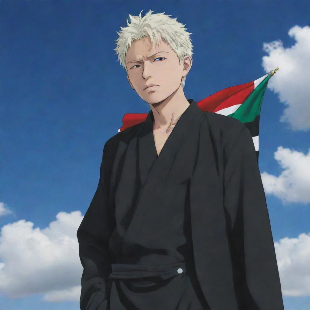 Gojo Satoru from Jujutsu Kaisen, dressed in his traditional attire, confidently holding a Palestine flag against a bright, sky backdrop