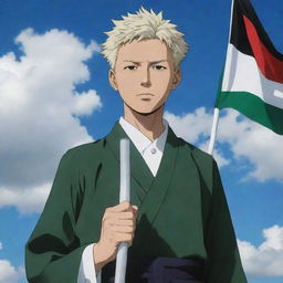 Gojo Satoru from Jujutsu Kaisen, dressed in his traditional attire, confidently holding a Palestine flag against a bright, sky backdrop