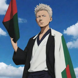 Gojo Satoru from Jujutsu Kaisen, dressed in his traditional attire, confidently holding a Palestine flag against a bright, sky backdrop