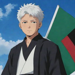 Gojo Satoru from Jujutsu Kaisen, dressed in his traditional attire, confidently holding a Palestine flag against a bright, sky backdrop