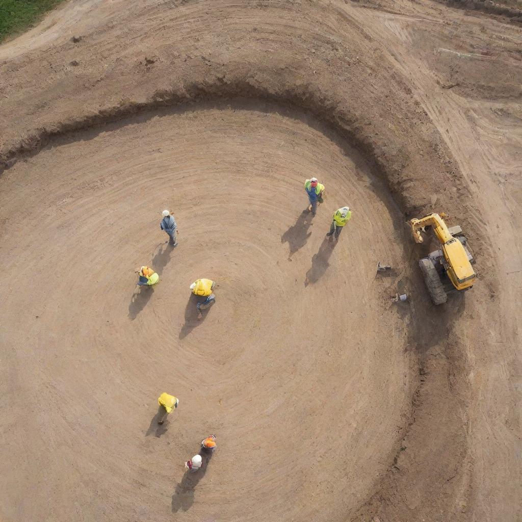 A detailed aerial view of a land survey project in progress, with surveyors using instruments on a layout of a construction site.