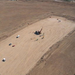 A detailed aerial view of a land survey project in progress, with surveyors using instruments on a layout of a construction site.