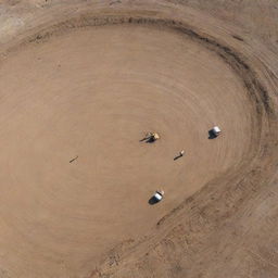 A detailed aerial view of a land survey project in progress, with surveyors using instruments on a layout of a construction site.