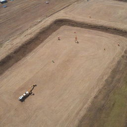 A detailed aerial view of a land survey project in progress, with surveyors using instruments on a layout of a construction site.