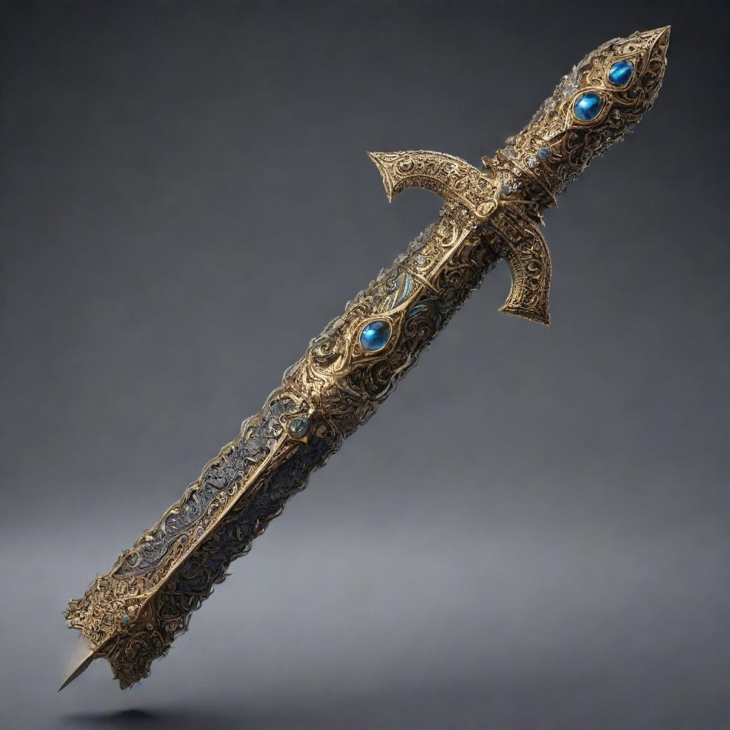 Create a detailed representation of a mythical weapon that is not a sword. It's adorned with intricate designs and radiates power and ancient mystique.