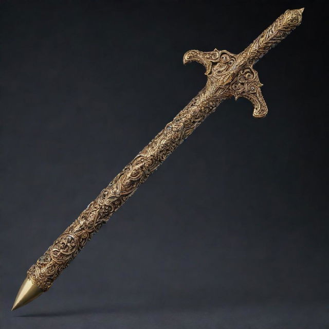 Create a detailed representation of a mythical weapon that is not a sword. It's adorned with intricate designs and radiates power and ancient mystique.