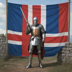 A victorious knight standing in front of the Georgian flag