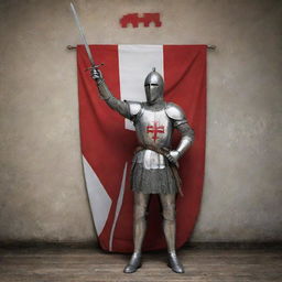 A victorious knight standing in front of the Georgian flag