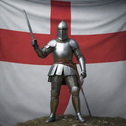 A victorious knight standing in front of the Georgian flag