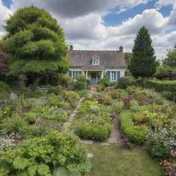 A beautiful, lush garden with a small quaint house nestled in the middle under a picturesque, cloudy sky.