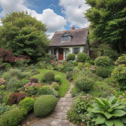 A beautiful, lush garden with a small quaint house nestled in the middle under a picturesque, cloudy sky.