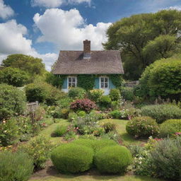 A beautiful, lush garden with a small quaint house nestled in the middle under a picturesque, cloudy sky.