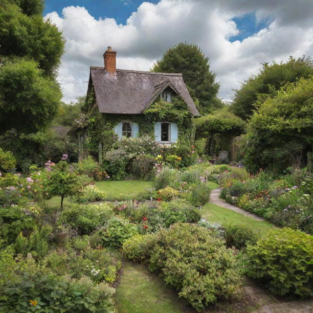 A beautiful, lush garden with a small quaint house nestled in the middle under a picturesque, cloudy sky.